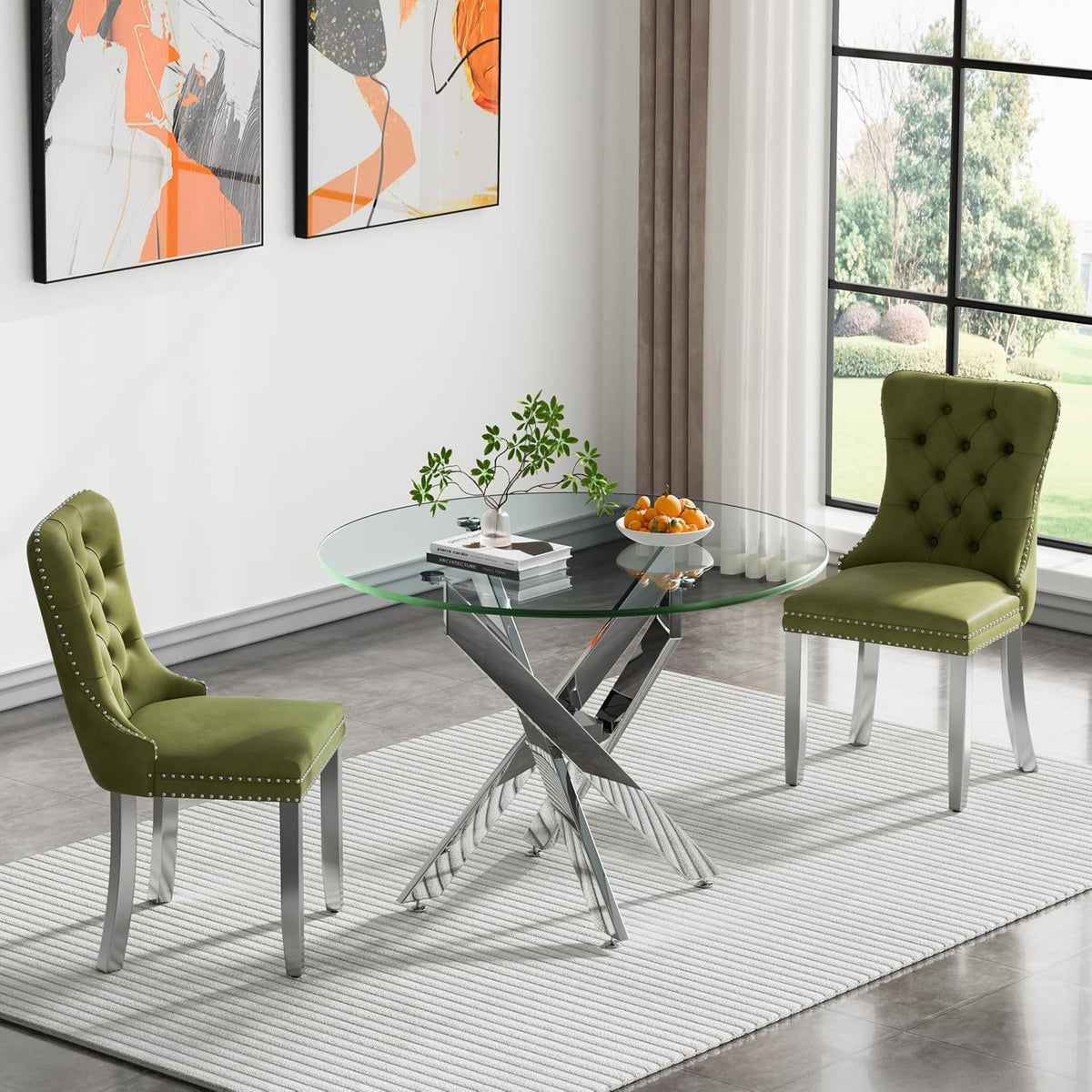 Round Glass Dining Table Set for 2, Small Kitchen Table Set for 2, 35" Round Glass Table and Olive Green Velvet Tufted Chairs Set of 2, 3 Piece Round Dining Room Table Set for Breakfast Dinette Cafe