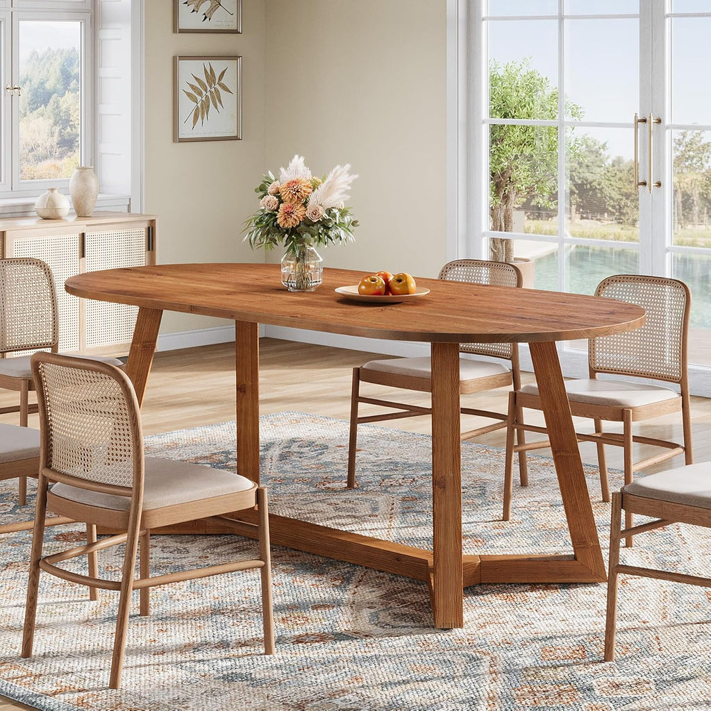 63" Solid Wood Oval Dining Table, Farmhouse Kitchen Table for 4-6 People, Rusitc Wood Dinner Table with Sturdy Base for Living Room, Dining Room, Apartment (Natural Brown)
