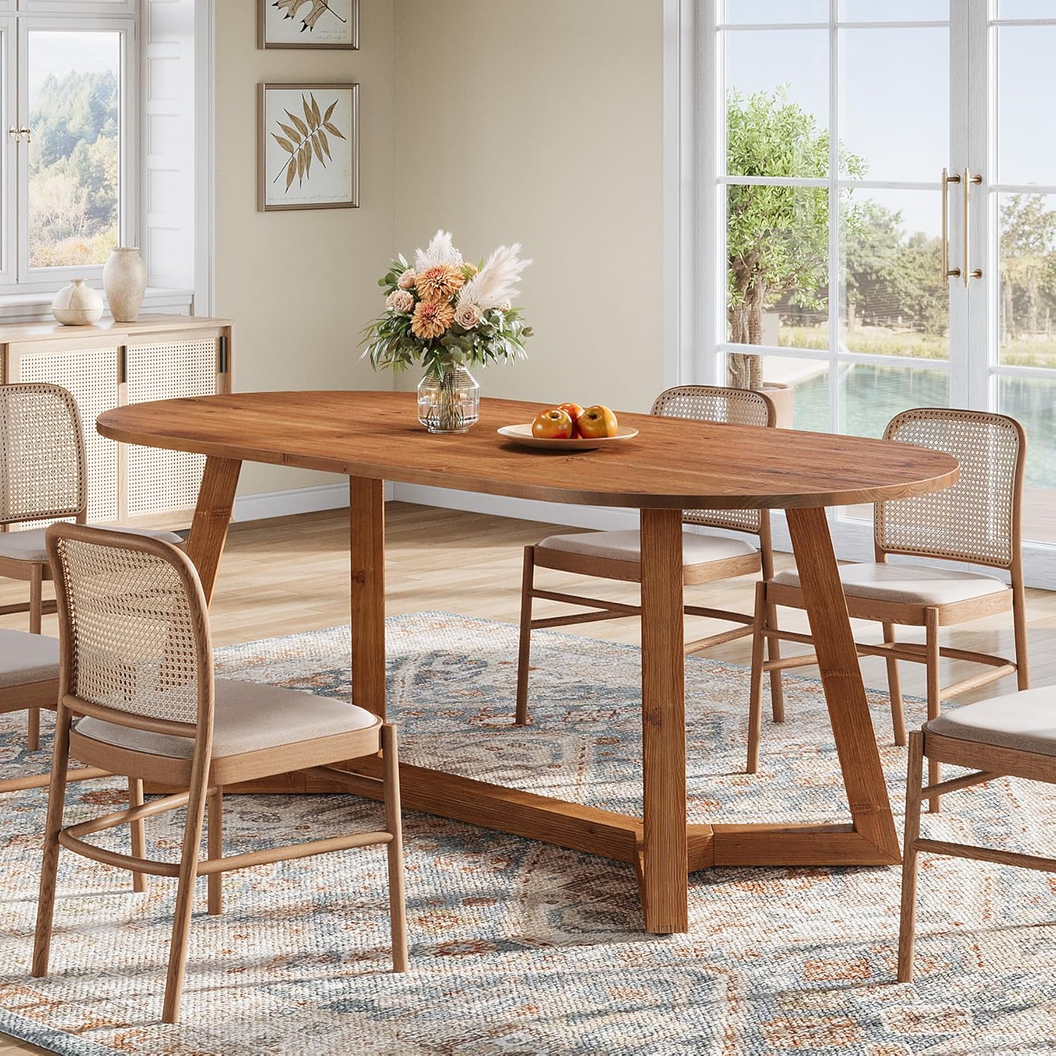 63" Solid Wood Oval Dining Table, Farmhouse Kitchen Table for 4-6 People, Rusitc Wood Dinner Table with Sturdy Base for Living Room, Dining Room, Apartment (Natural Brown)