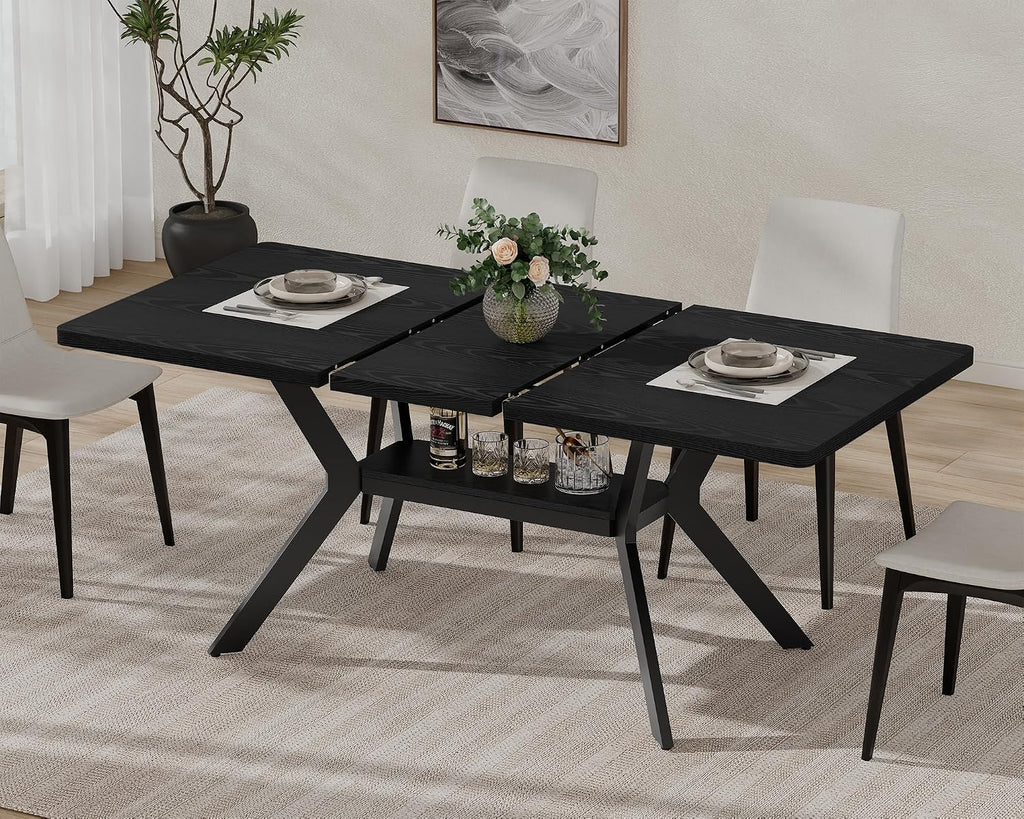 MECHYIN Extendable Dining Table for 4-8, 55-71 in, Storage Shelf, Black | Flip Leaf Stores Under Top, No-Gap Metal Connectors, Chairs Tuck Under Pedestal Base, Wood-Grain MDF Top, Fits Apartments