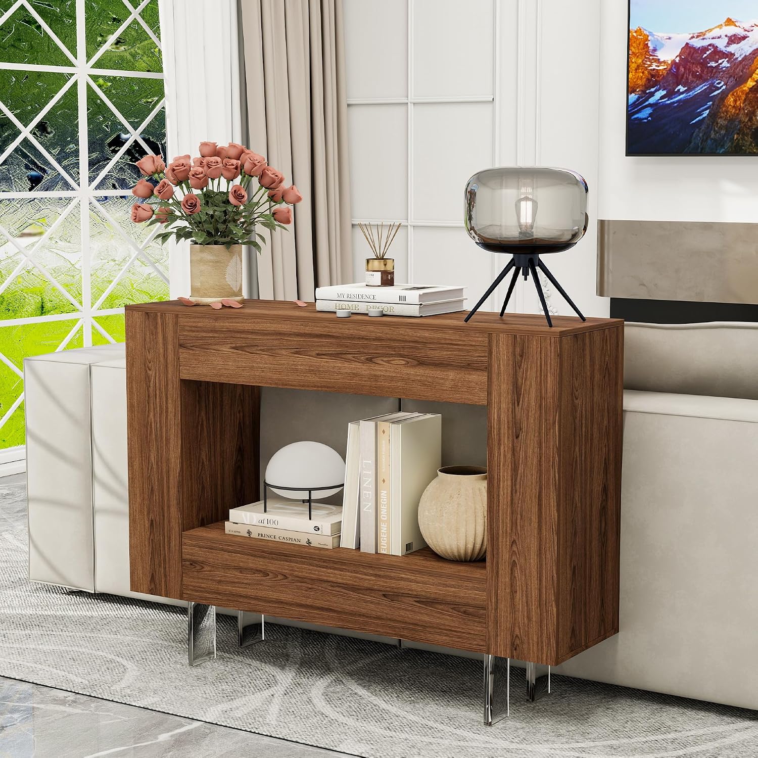 Console Table, Entryway Table with Hidden Storage Cabinets, Adjustable Shelves, Farmhouse Sofa Table for Behind The Couch, Living Room, Hallway, Brown Wood Grain Finish