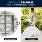 Flash Furniture 4-Foot Round Bi-Fold Granite White Plastic Folding Table | Lightweight, Easy Storage, Commercial Grade, Carrying Handle