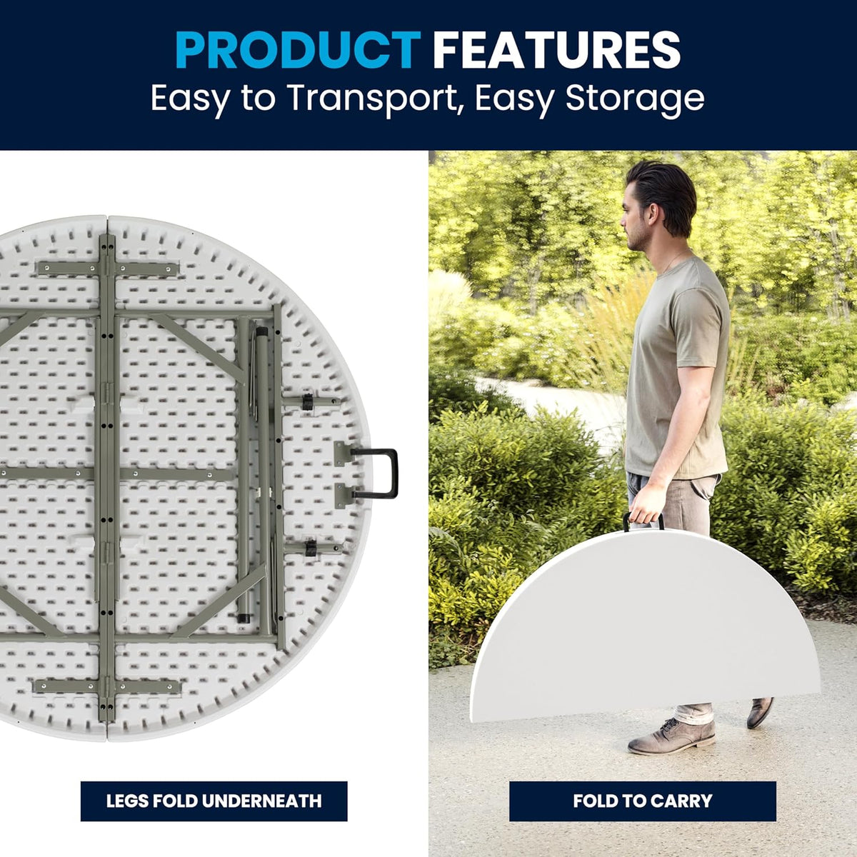 Flash Furniture 4-Foot Round Bi-Fold Granite White Plastic Folding Table | Lightweight, Easy Storage, Commercial Grade, Carrying Handle
