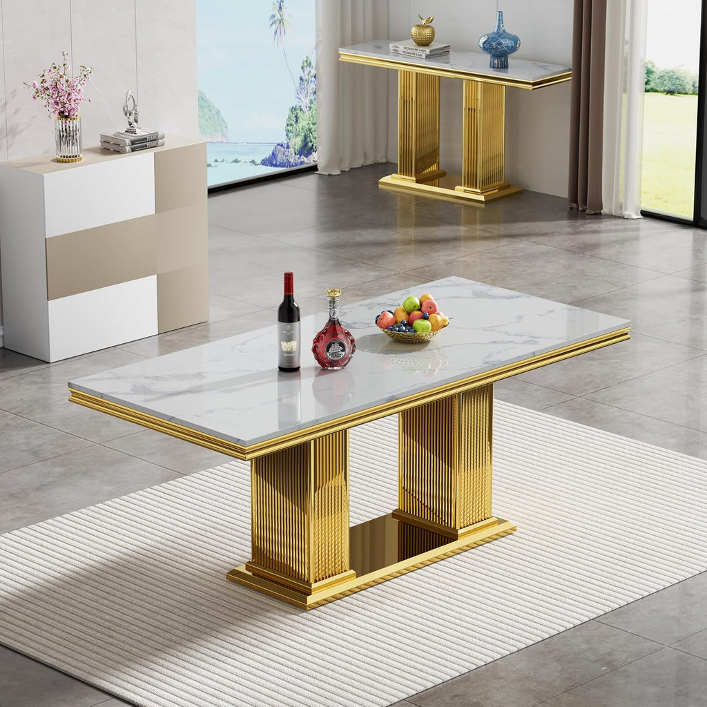 68 in Faux Marble Dining Table for 4-6, White Marble Dining Table with Gold Stainless Steel Base, Luxury Rectangular Dining Room Table for Kitchen, Living Room, Apartment, Family Meals, Dinner Parties