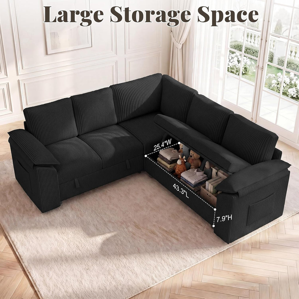 85 In L Shaped Modular Sectional Sofa Couch for Living Room, Black | Pull Out Sleeper Bed, 5 Seat Modular Design, Hidden Storage Space, Soft Corduroy Fabric, Removable Covers, Easy Assembly