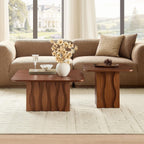2-Piece Fluted Nesting Coffee Table with Hand-Carved Wavy Base, Mid-Century Modern End Tables for Living Room Office, Brown