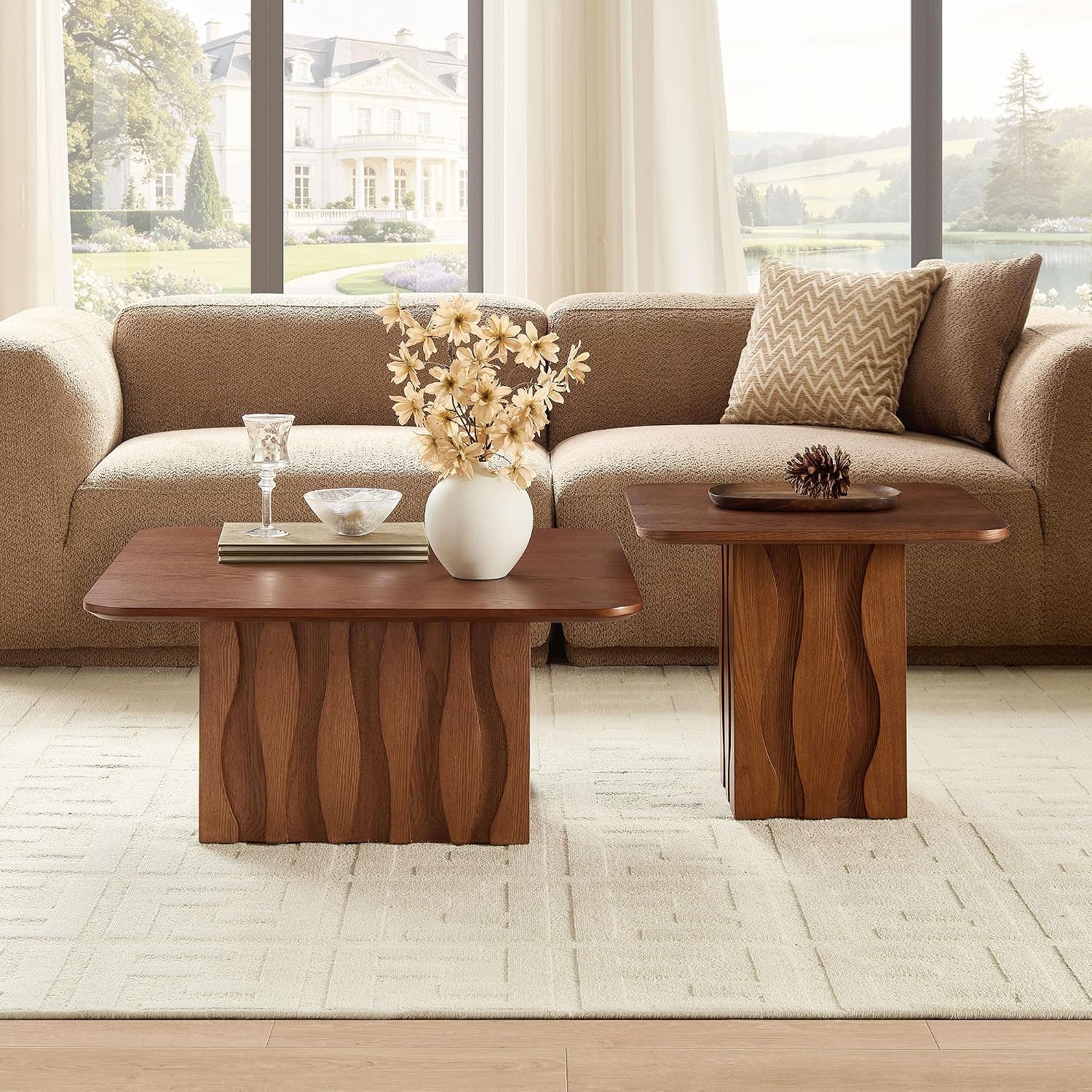 2-Piece Fluted Nesting Coffee Table with Hand-Carved Wavy Base, Mid-Century Modern End Tables for Living Room Office, Brown