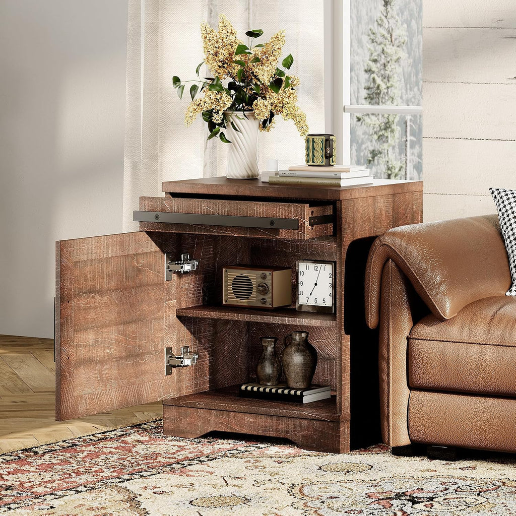 WAMPAT 24.3" H Storage Cube,Rustic End Table with Drawers and Adjustable Storage Shelves, Wood Side Table with Barn Doors for Living Room,Bedroom,Dark Walnut Brown