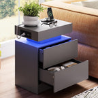 LIKIMIO Nightstand with Charging Station LED Light and 2 Drawers Grey | charging station; LED light; 2 smooth glide drawers; 13.8 D x 18.9 W x 23.6 H in; Grey wood grain