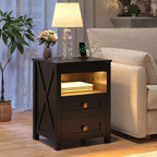 Farmhouse LED Nightstand Set 2 with Gun Drawer&Invisible Lock,Modern Bedside Table with Human Sensor Design,Rustic Side Table with Wireless Charging for Living Room, Black