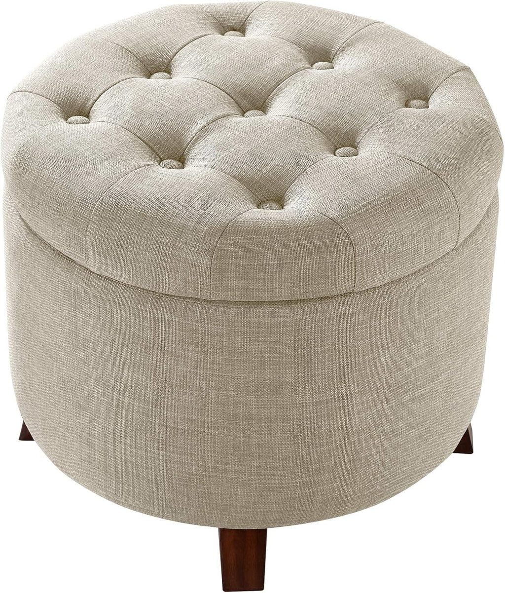 Amazon Basics Round Storage Ottoman Foot Rest, Button Tufted Upholstered Footstool with Storage, Sturdy Linen Fabric for Living Room and Bedroom, 20" x 17", Beige