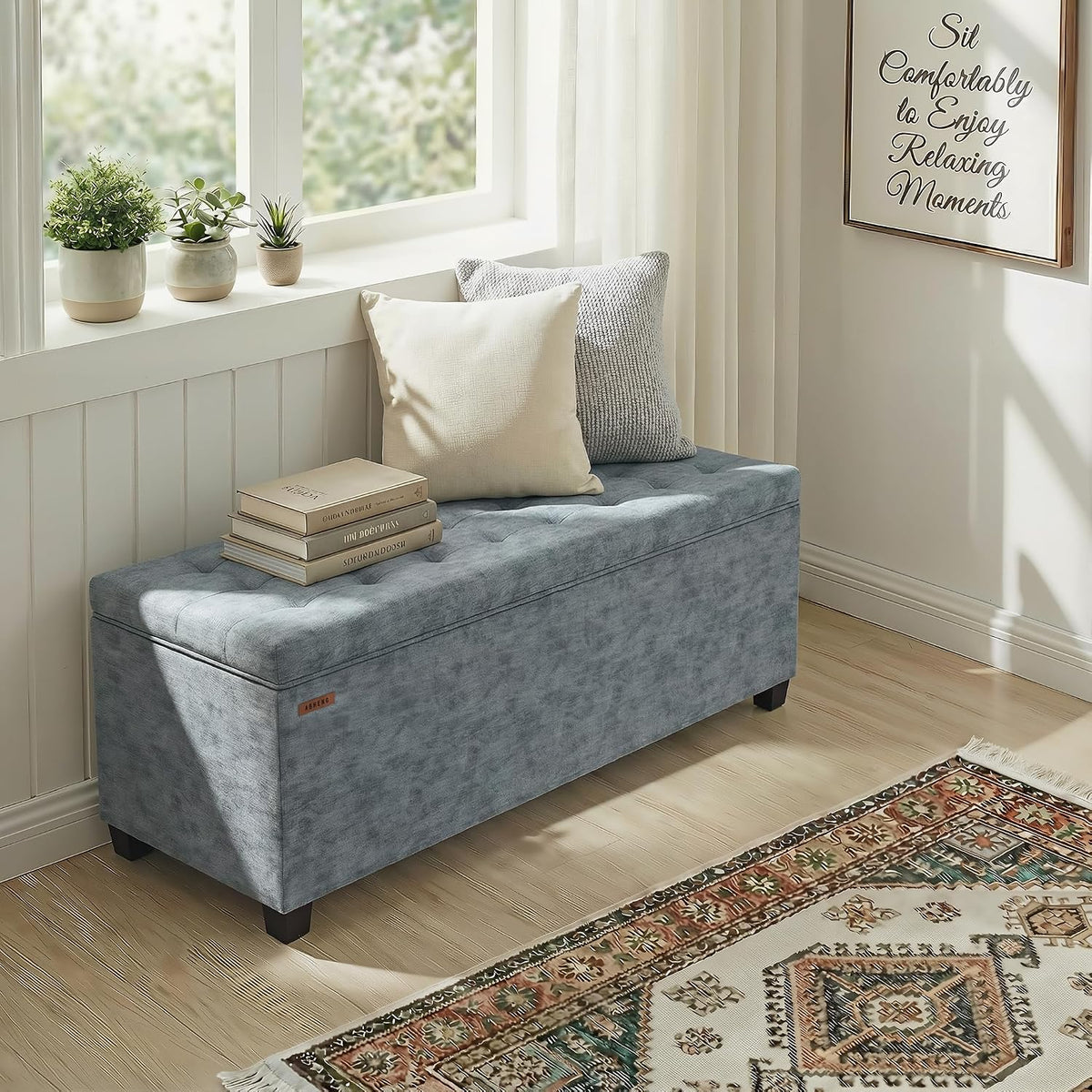 ABHENG Chenille Storage Ottoman Bench with Legs, 43.5”W x 15.7”D x 15.7”H,Metal Frame end of Bed Bench Hold up to 770 LB,Large Storage Chest,Gray UASND621G