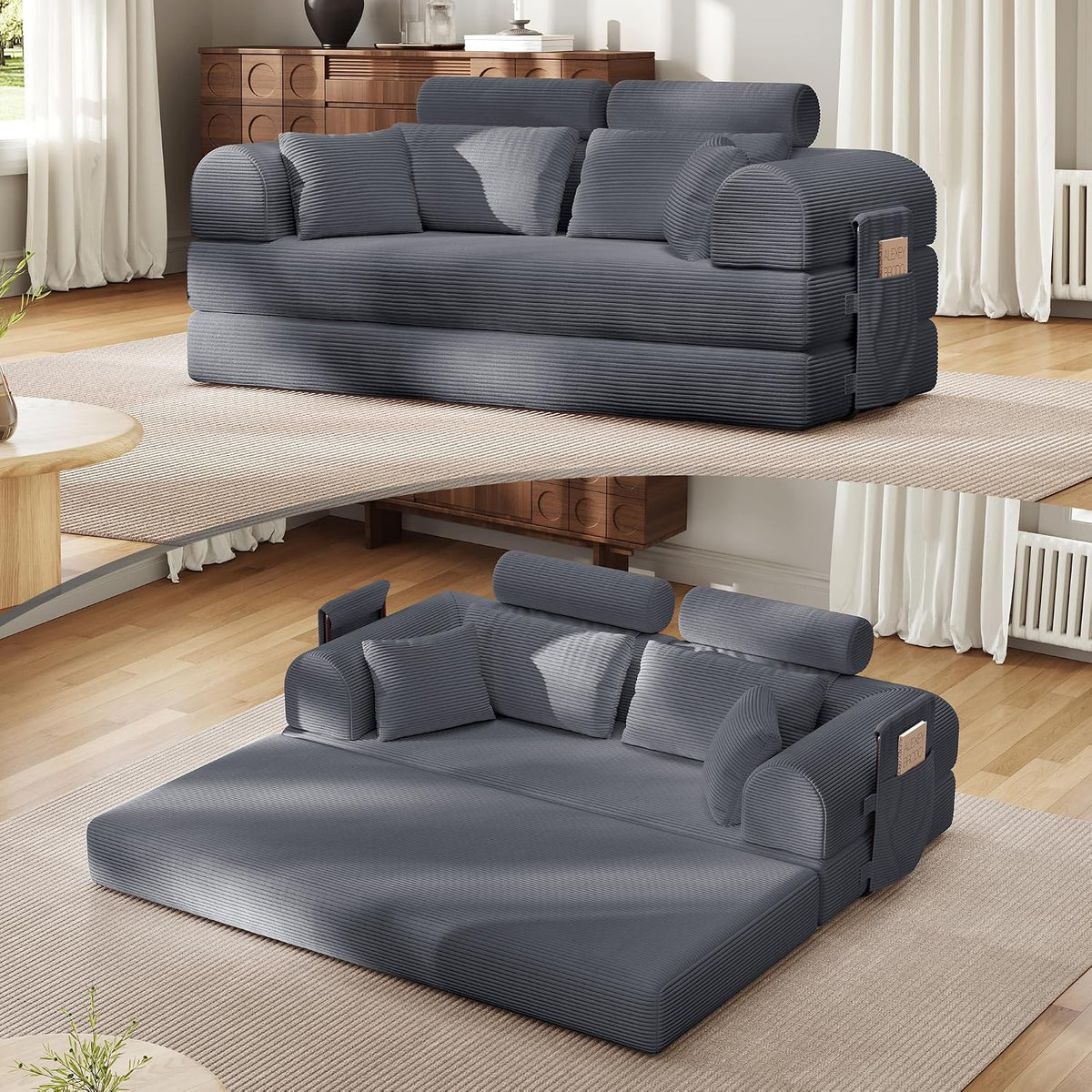 79"Round Arm Sofa with High Backrest Pillow for Living Room (Dark Gray) | Corduroy Loveseat Sleeper Sofa Bed, Modular Futon Couch with 2 High Backrest, Pull Out Couch No Assembly