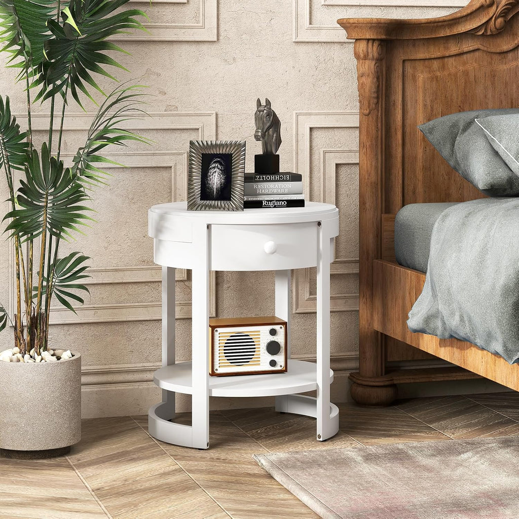 GOFLAME Round Side Table with Drawer, Retro 2-Tier Nightstand with Shelf & Wood Grains, Vintage Wooden Accent Table, Mid-Century Modern End Tables for Living Room, Bedroom, White