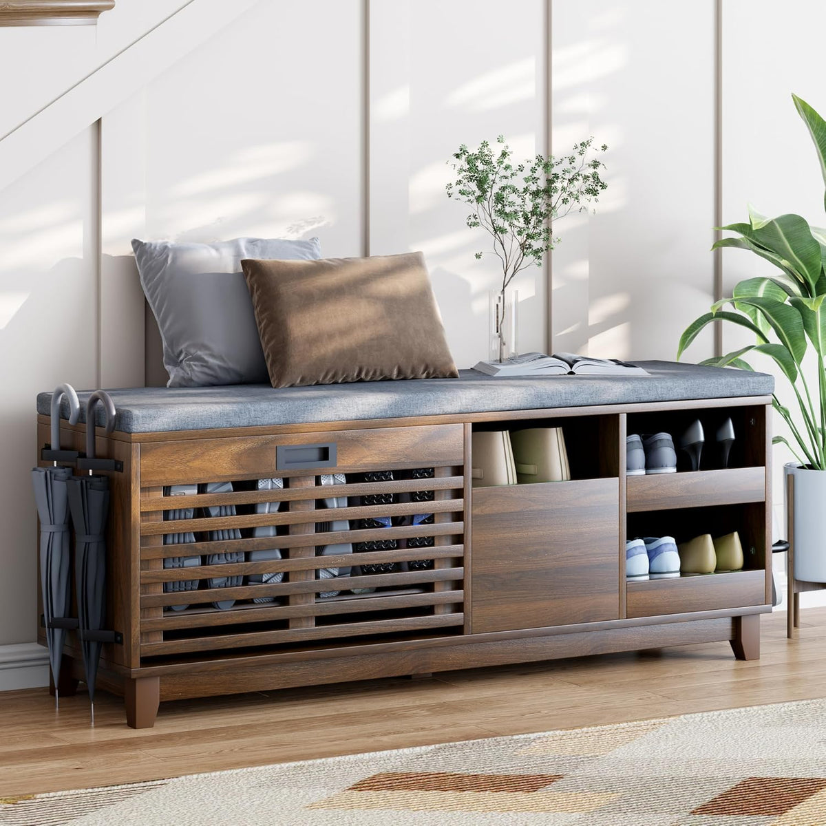 Loomie 47.2" Shoe Storage Bench with Flip Drawer, 2-Tier Entryway Bench with Padded Seat Cushion & 2 Pull-out Shelves & Semi-open storage, Shoe Rack Bench with Side Holder for Hallway,Bedroom (Walnut)