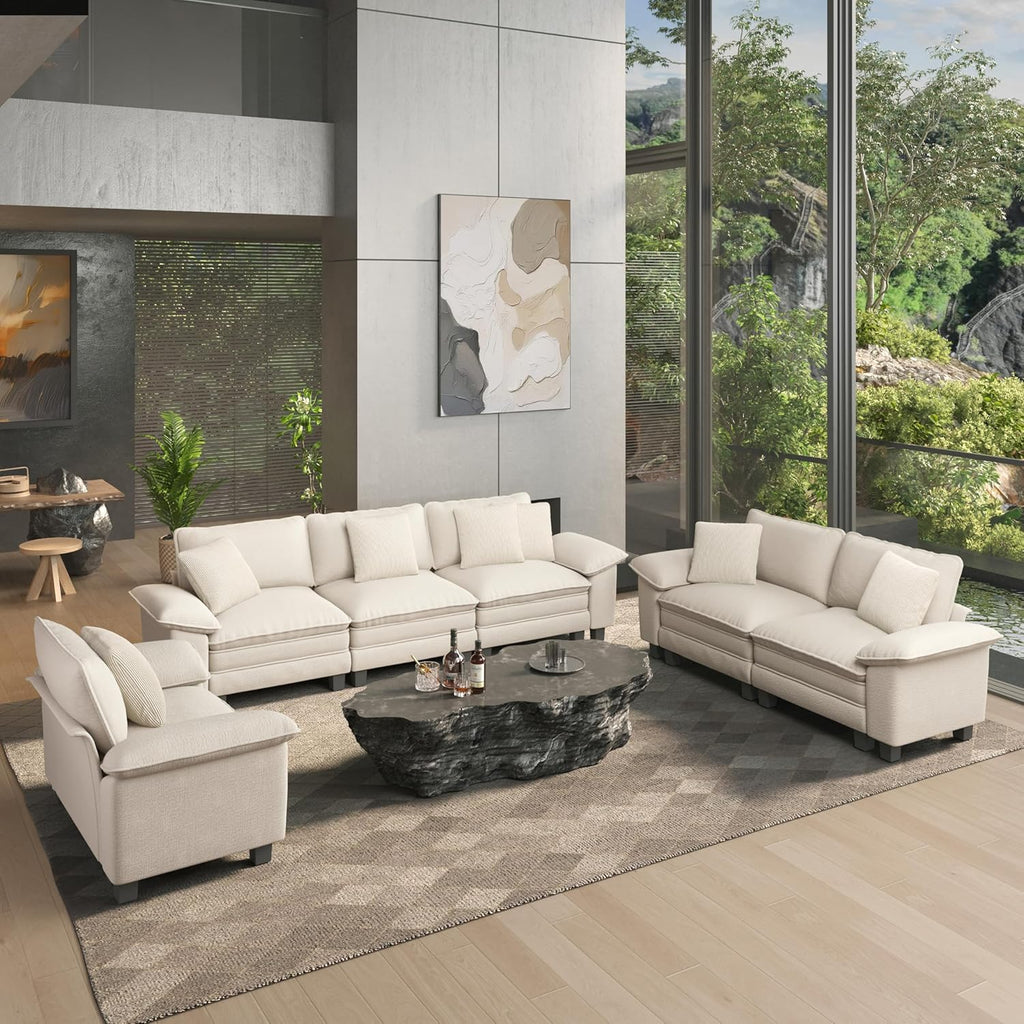 HERA'S HOUSE 3 Pieces Modular Sectional Couch Set with Armchair Loveseat | Modern 6-Seater Cloud Sofa Set , White, Wider Armrest, Comfy Deep Seat, Soft Chenille Furniture Set for Living Room