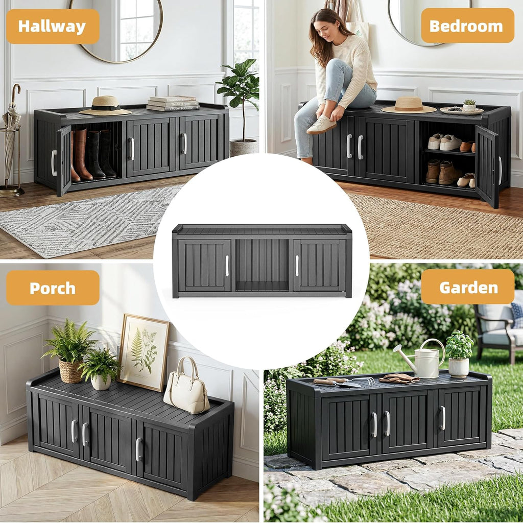 EFU Shoe Bench with Storage, Shoe Cabinet Indoor Outdoor with Adjustable Shelves, Waterproof Shoe Organizer with 3 Doors for Entryway, Bedroom, Living Room (Black)