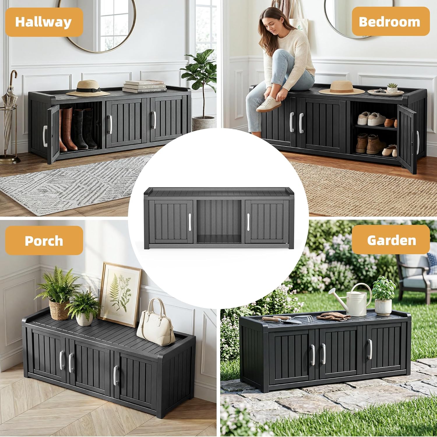 EFU Shoe Bench with Storage, Shoe Cabinet Indoor Outdoor with Adjustable Shelves, Waterproof Shoe Organizer with 3 Doors for Entryway, Bedroom, Living Room (Black)