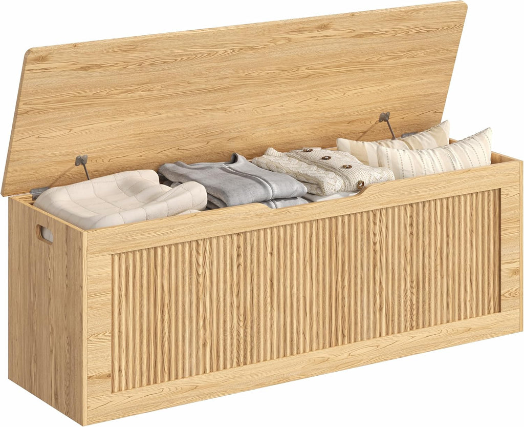 Akxomel 51.2" Fluted Storage Chest Wooden Storage Trunk 2 Safety Hinges Oak | Large Storage Chest with 2 Safety Hinges & Lift Top, Wooden Box Bench, for Living Room, Entryway, Bedroom
