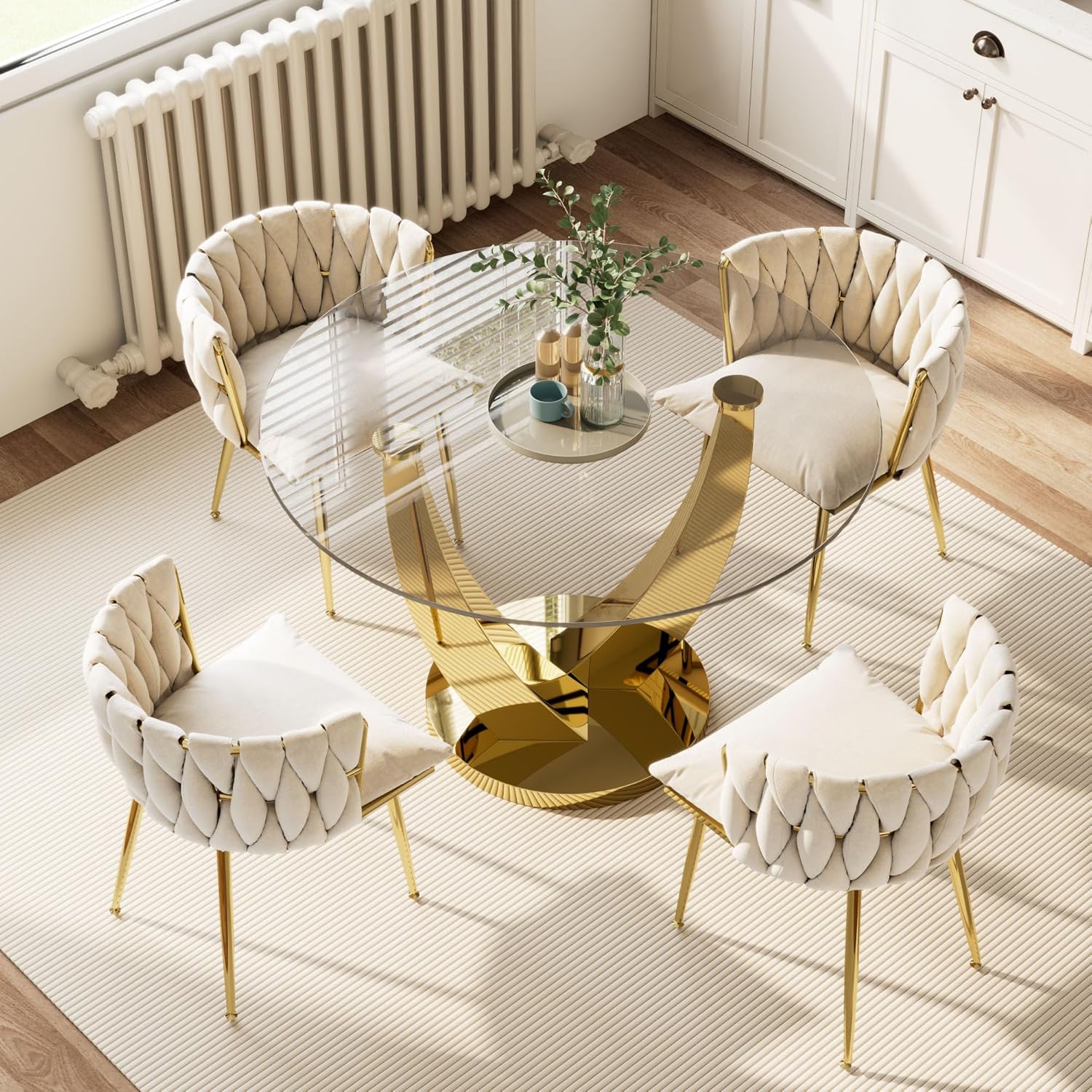 47.2" Round Glass Dining Table Set for 4, Modern Kitchen Table with 4 Upholstered Velvet Chairs, Tempered Glass Top with Golden Steel Base, 5 Pieces Dining Table Set for Small Space - Beige