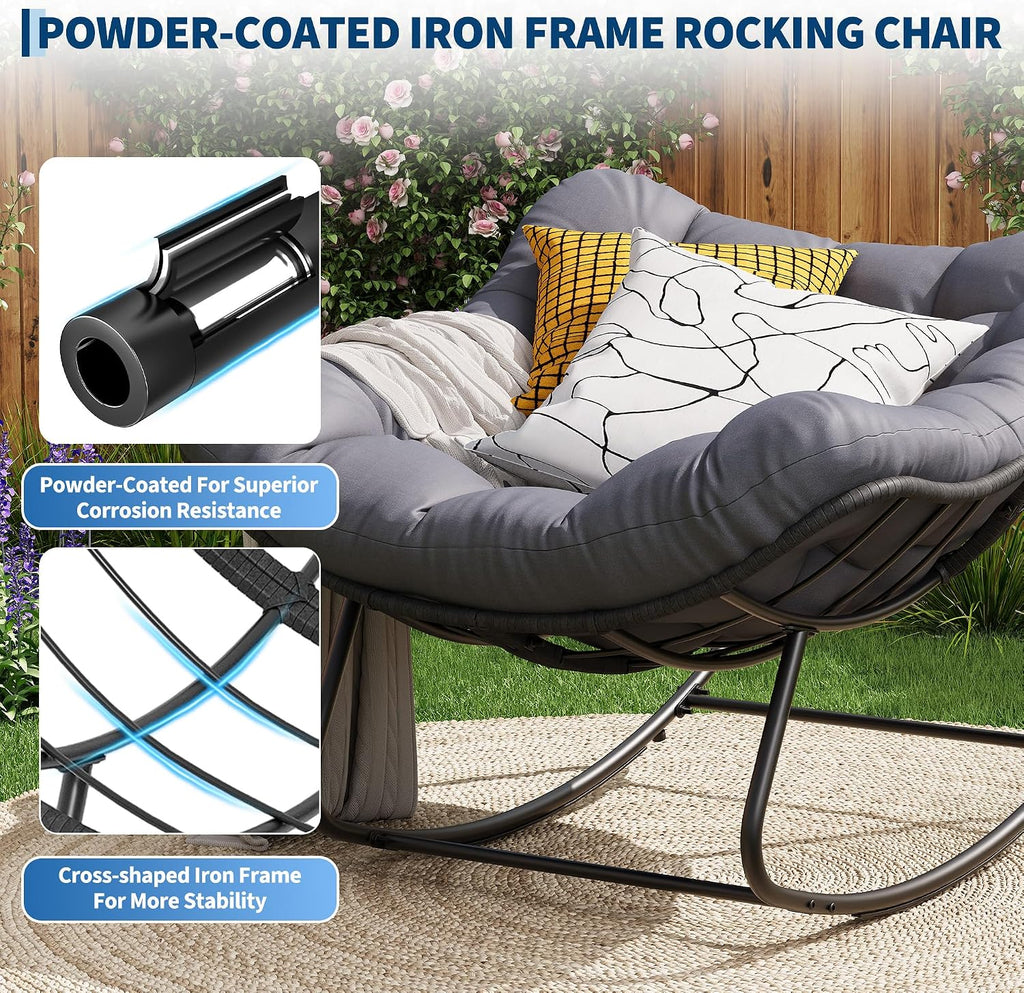 Garvee Outdoor Rocking Chair, Oversized Papasan Chair with Cushion | Metal & PE Rattan Frame, 400LBS Capacity, Ideal for Patio, Garden or Living Room, Gentle 30° Rocking Comfort