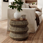 Modway Maris Hand-Woven Seagrass and Wood Round Side Table – 18 Inch Drum End Table for Boho, Coastal, or Modern Living Rooms in Walnut Natural