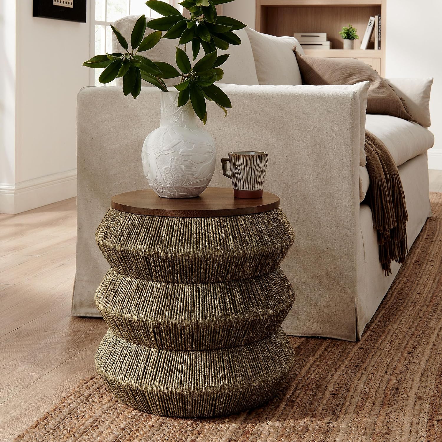 Modway Maris Hand-Woven Seagrass and Wood Round Side Table – 18 Inch Drum End Table for Boho, Coastal, or Modern Living Rooms in Walnut Natural