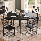 IRONCK Dining Table Set for 4, Round Kitchen Table and 4 Stool Chair for Dining Room, 44.5inch Drop Leaf Desk, Small Space Saving, Black