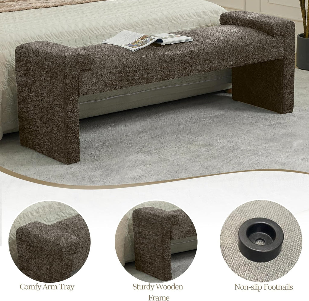 WUTUTUEE 58.7" End of Bed Bench Upholstered Modern Bedroom Bench for Living Room & Entryway, Easy Assembly, Footrest Ottoman Accent Window Bench with Solid Wood Frame & Curved Arm, Brown