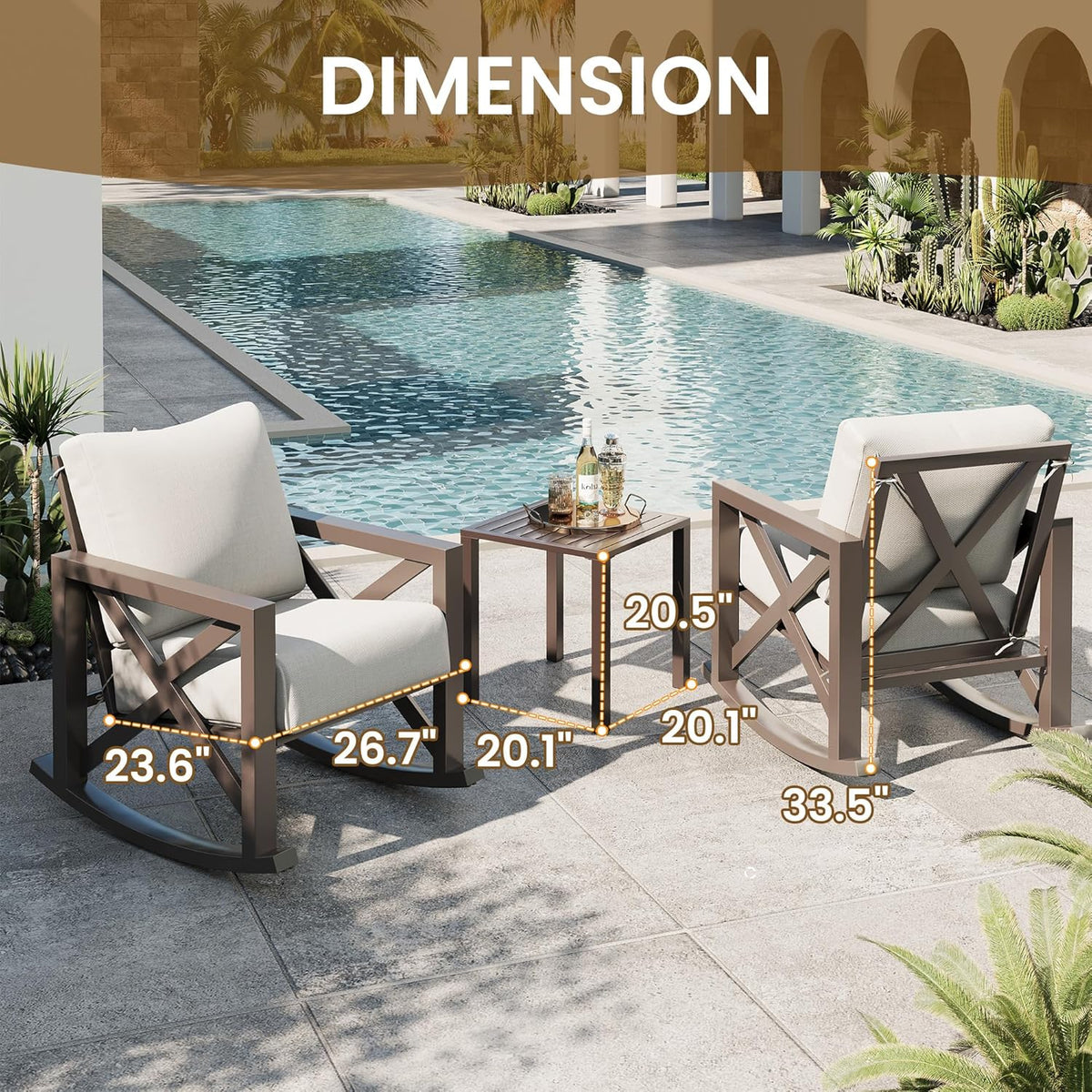 UDPATIO Rocking Chair Outdoor Set 2 with Coffee Table, 3 Piece Metal Rocking Bistro Set with 6.5" Water-Resistant Cushions, Oversized, 350lbs Heavy-Duty, for Porch, Patio, Balcony, Beige
