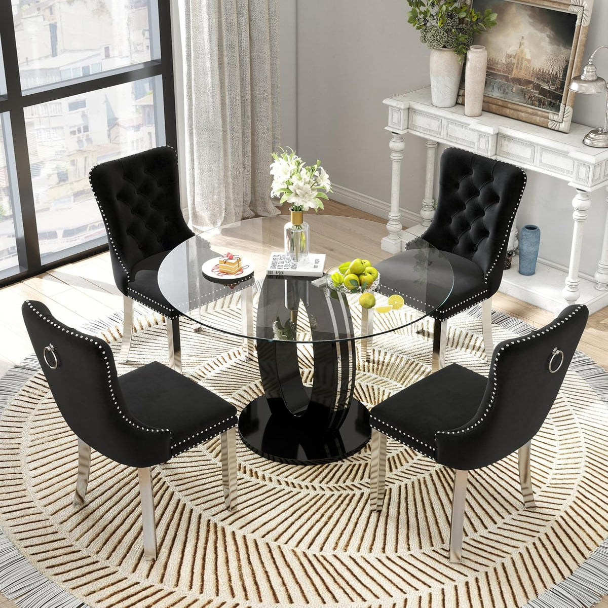 RGZ 39'' Modern Luxury Clear Glass Round Dining Table for 4-6, Glass Circle Top Kitchen Table with Elegant Silver Decorative Strips & Black Base, Small Apartment Dinner Table for Home, Living Room