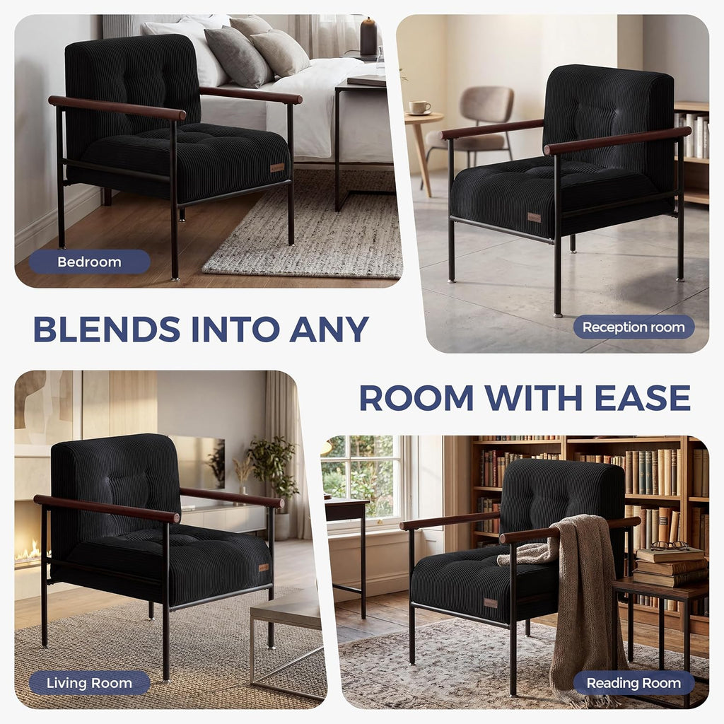 MAXYOYO Accent Chair, Modern Living Room Chair with Metal Frame | Upholstered Reading Chair with Support Cushion, Comfortable Seating for Living Rooms, Bedrooms, Balconies or Porches, Black
