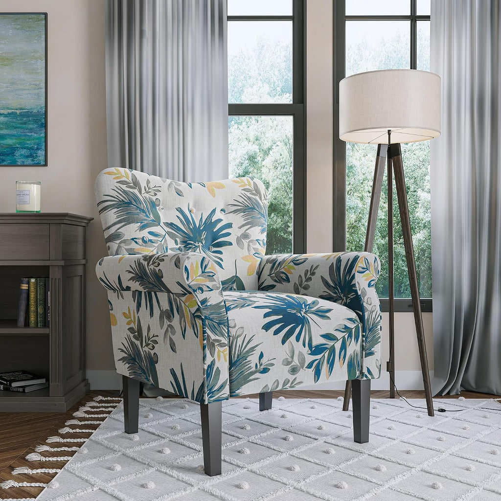BELLEZE Modern Accent Chair, High Back Armchair, Upholstered Wingback Side Chair, Padded Single Sofa with Wooden Legs for Living Room, Bedroom - Green Blue Floral