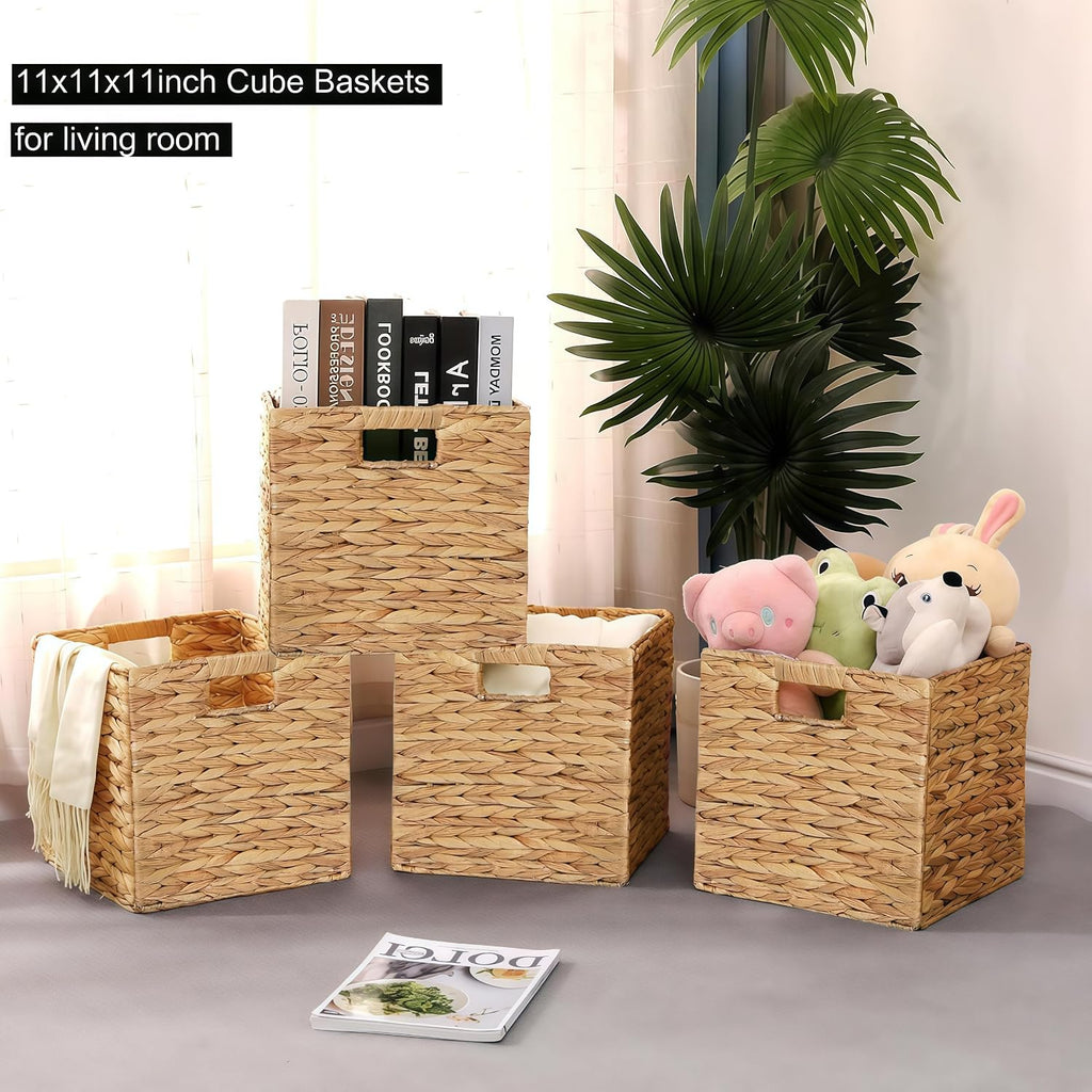 11 x 11 x 11 in Woven Storage Baskets,Set of 4 Wicker Cubes Baskets,Natural | Foldable Water Hyacinth Baskets,Handwoven Storage Baskets for Shelves,Kitchen or Outdoor
