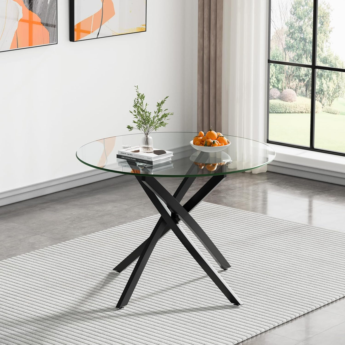 SSLine Modern 5-Piece Round Glass Dining Table Set for 4, Luxury 36" Circle Clear Glass Top Dining Room Table with 4 Clear Tufted Chairs for Kitchen Home Office