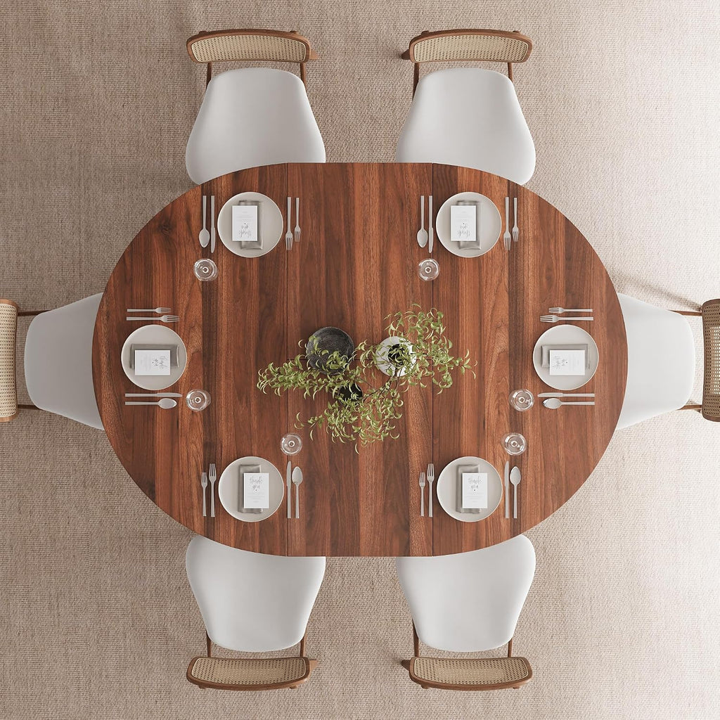 Feonase 59" Round Extendable Dining Room Table for 4-6, Modern Oval Kitchen Table with Heavy Duty Wood Base, Metal Frame Support, for Dining Kitchen Living Room, Easy Assembly, Noise-Free, Walnut