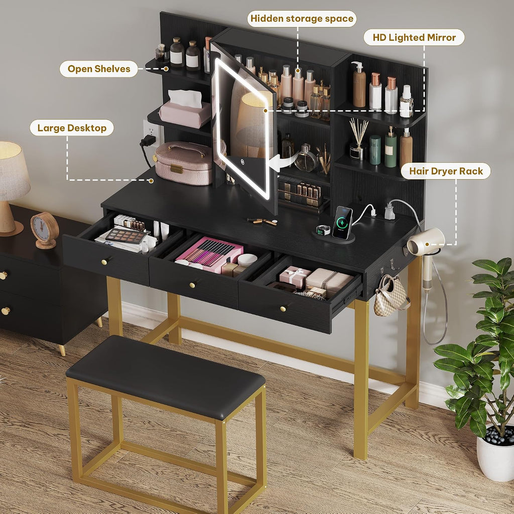 YITAHOME Vanity Desk with Mirror and Lights | Makeup Vanity Table Set with 3 Storage Drawers, Power Outlet, Chair and 6 Open Shelves, Black