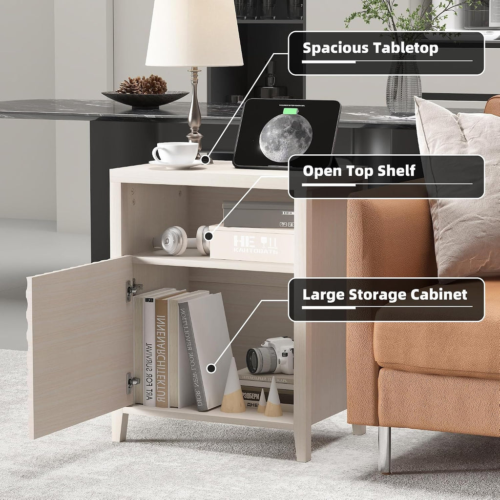 3imothrix End Table Set of 2 with Charging Station, Modern Nightstand with Door and Open Shelf, Fluted Design, Bedside Table for Bedroom, Living Room, Light Brown