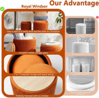 Royal Windsor Round Ottoman with Storage Set of 2, Storage Vanity Stool | Velvet Upholstered Round Storage Ottoman, Ottoman Coffee Table, Small Foot Stool for Living Room & Bedroom, Orange