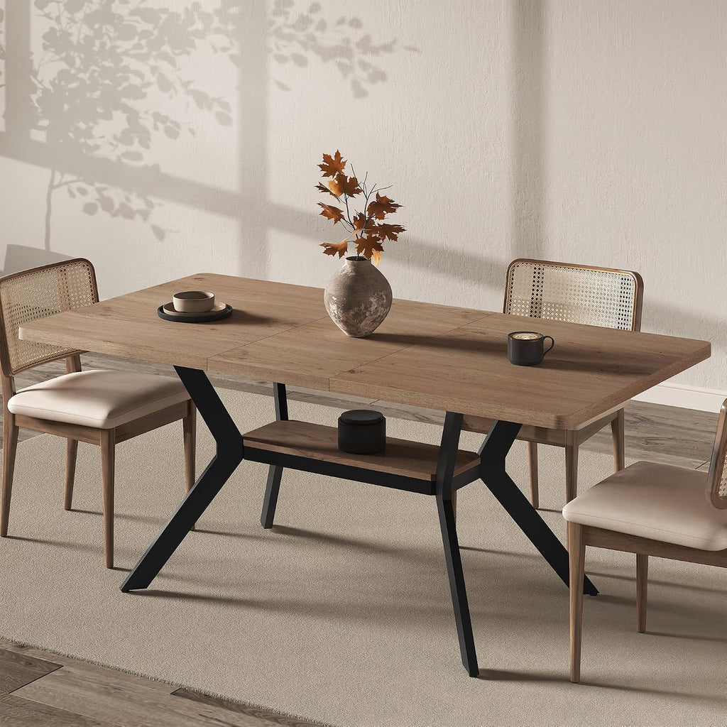 MECHYIN Extendable Dining Table for 4-8, 55-71 in, Storage Shelf, Natural | Flip Leaf Stores Under Top, No-Gap Metal Connectors, Chairs Tuck Under Pedestal Base, Oak Wood-Grain Top, Fits Apartments