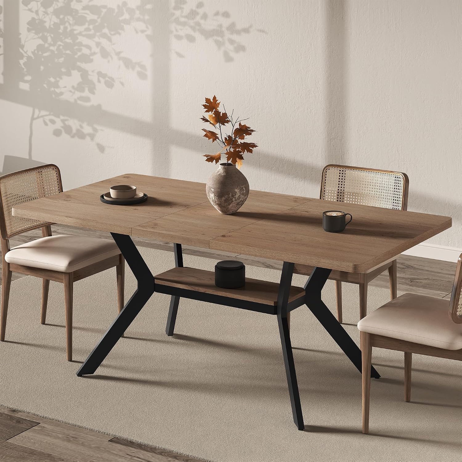 MECHYIN Extendable Dining Table for 4-8, 55-71 in, Storage Shelf, Natural | Flip Leaf Stores Under Top, No-Gap Metal Connectors, Chairs Tuck Under Pedestal Base, Oak Wood-Grain Top, Fits Apartments