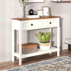 Knocbel Small Console Table with 2 Drawers with Metal Handles, Farmhouse Side Tables with Brown Woodgrain Top and Bottom Shelf for Entryway Living Room, 39.37" W x 11.61" D x 32.08" H, Antique White