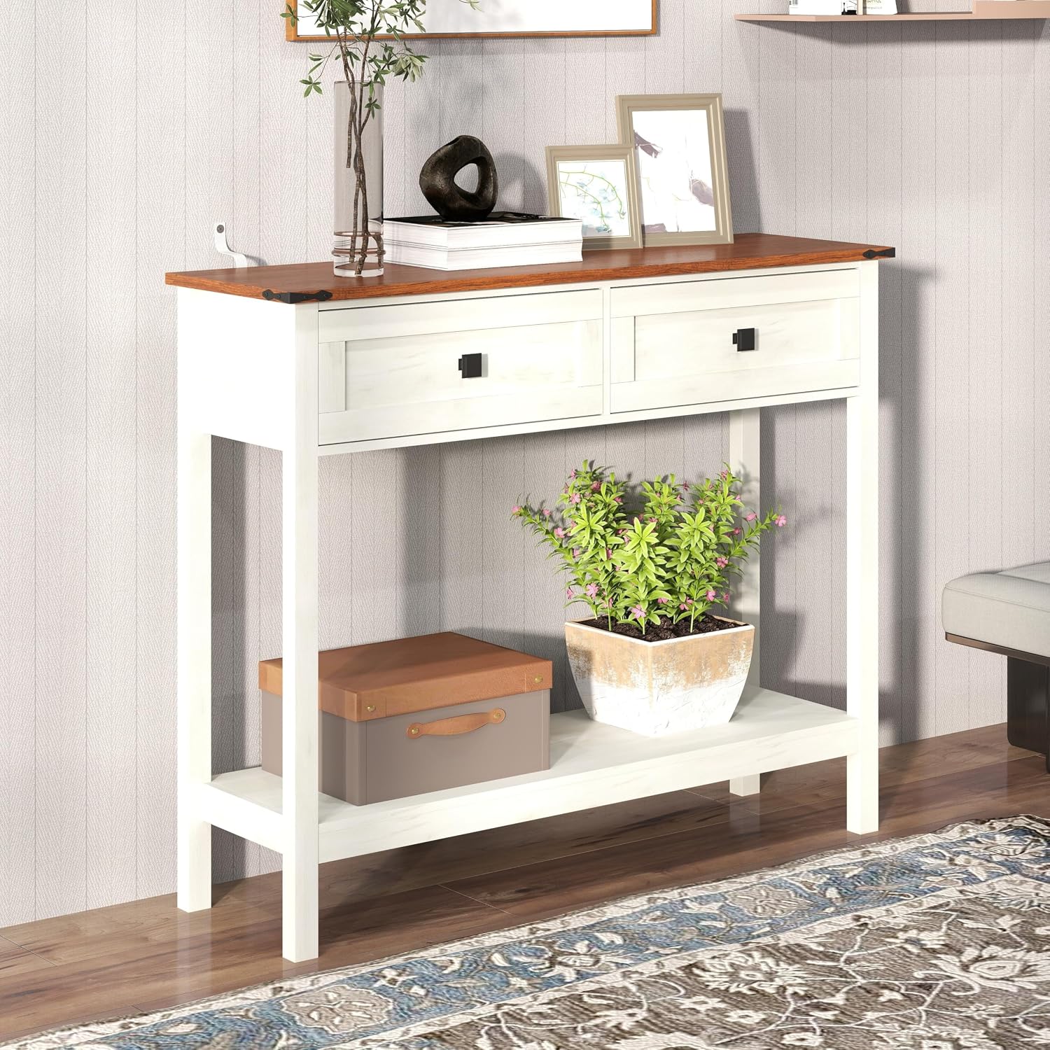 Knocbel Small Console Table with 2 Drawers with Metal Handles, Farmhouse Side Tables with Brown Woodgrain Top and Bottom Shelf for Entryway Living Room, 39.37" W x 11.61" D x 32.08" H, Antique White