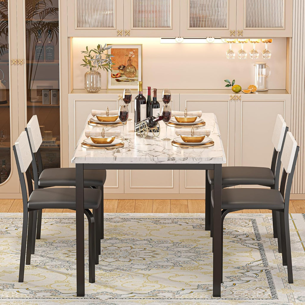 IRONCK 5-Piece 63" Extendable Dining Table with 4 Upholstered Chairs, Kitchen Table Set for 4-8 People, Dining Room Sets with MDF Wood Board, Drop Leaf Table Design for Space Saving, Marple White