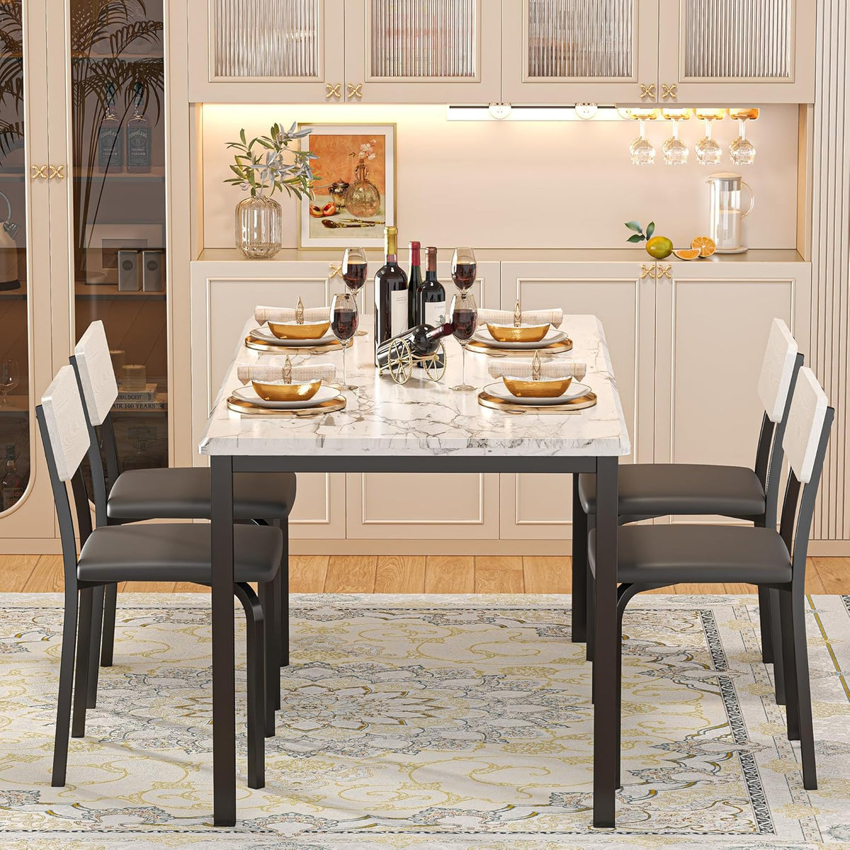 IRONCK 5-Piece 63" Extendable Dining Table with 4 Upholstered Chairs, Kitchen Table Set for 4-8 People, Dining Room Sets with MDF Wood Board, Drop Leaf Table Design for Space Saving, Marple White