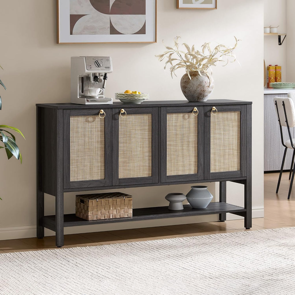 SICOTAS 55" Obsidian Sideboard Buffet Cabinet with Rattan Doors, Modern Industrial Coffee Bar Cabinet with Open Shelf, Black Wood Credenza & Console Table for Entryway, Kitchen, Dining Room