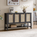 SICOTAS 55" Obsidian Sideboard Buffet Cabinet with Rattan Doors, Modern Industrial Coffee Bar Cabinet with Open Shelf, Black Wood Credenza & Console Table for Entryway, Kitchen, Dining Room