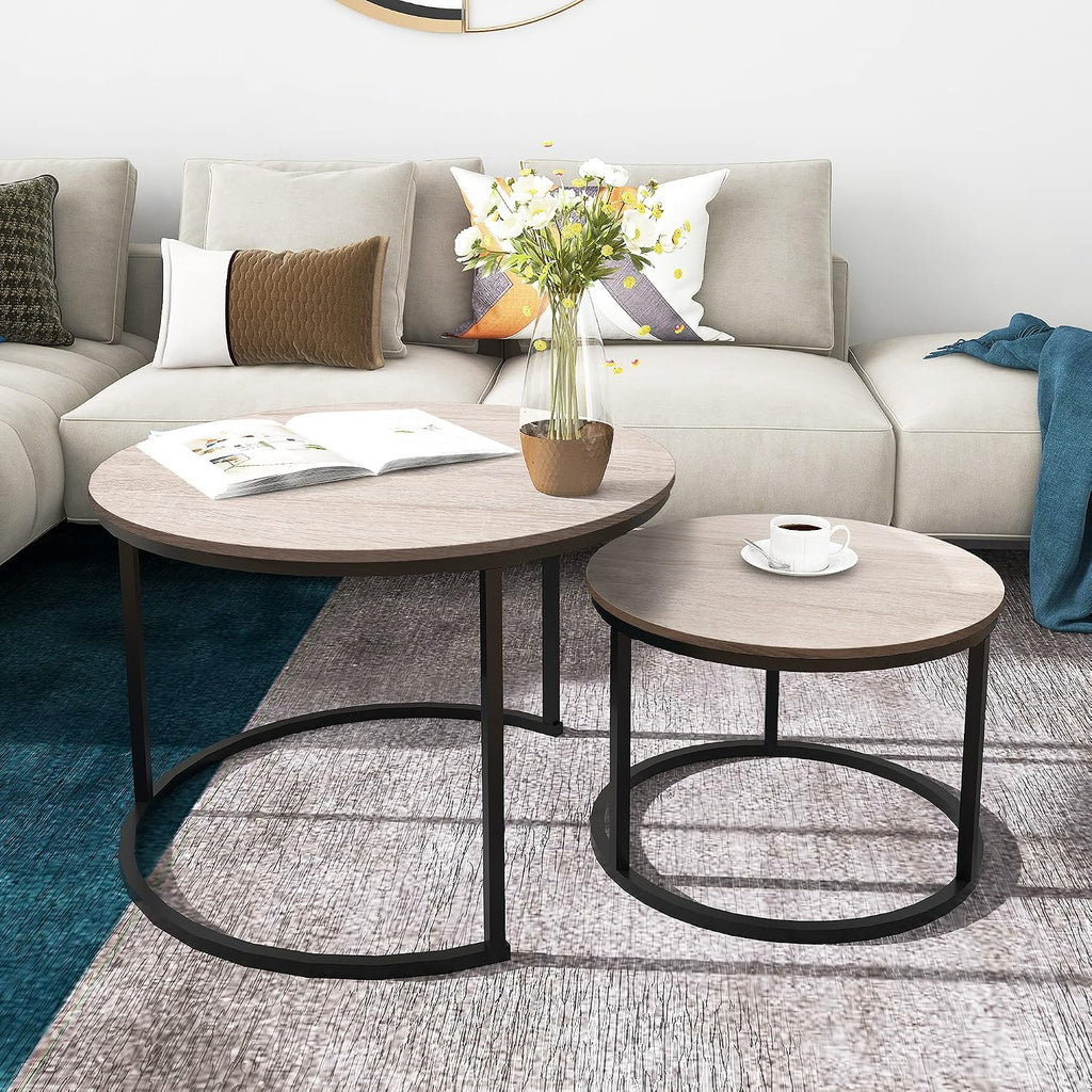 HOMERECOMMEND Round Coffee Tables Nesting Side Set of 2 End Tables for Living Room,Round Table with Solid Powder-Coated Metal Frame Natural Wood Color