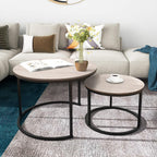 HOMERECOMMEND Round Coffee Tables Nesting Side Set of 2 End Tables for Living Room,Round Table with Solid Powder-Coated Metal Frame Natural Wood Color