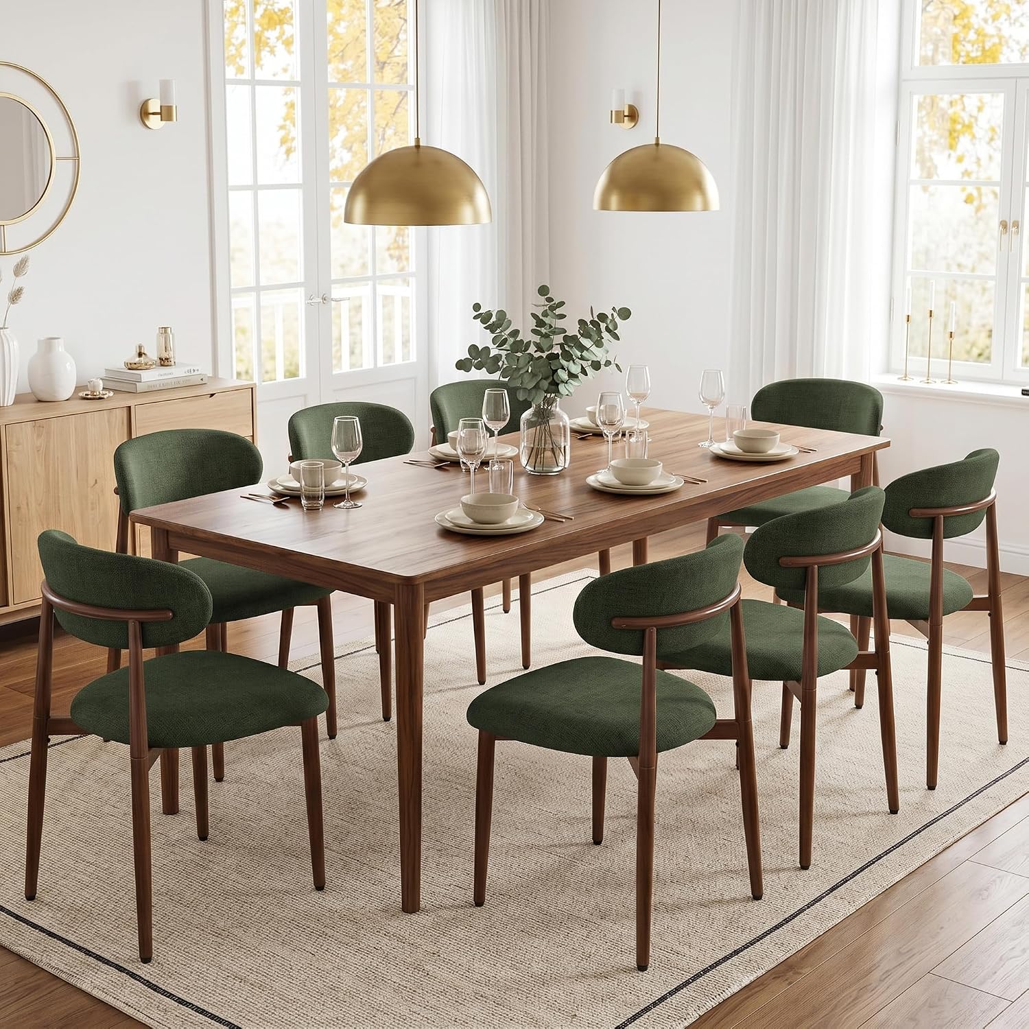 UVV Dining Chairs Set of 8, Metal Kitchen Chairs with Modern Fabric Upholstered for Dining Room, Green